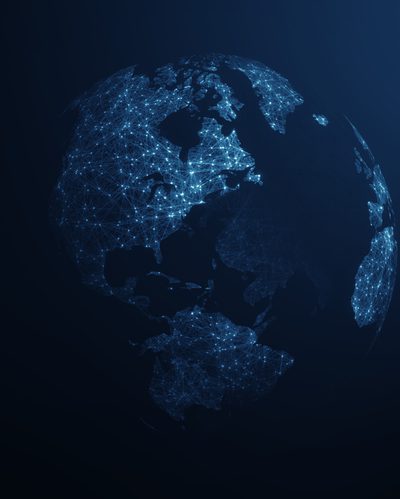 Global Data Network Concept. Showing Earth Connected by Glowing Data Lines and Nodes, Representing Worldwide Communication, Big Data Exchange, Cloud Computing, and Advanced Technology Infrastructure.