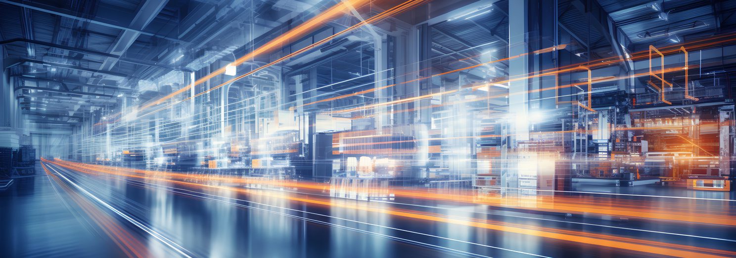 A futuristic image illustrating the concept of a smart factory. Advanced technology like AI, IoT and robotics in manufacturing processes for greater efficiency and productivity. Generative AI