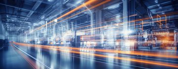 A futuristic image illustrating the concept of a smart factory. Advanced technology like AI, IoT and robotics in manufacturing processes for greater efficiency and productivity. Generative AI